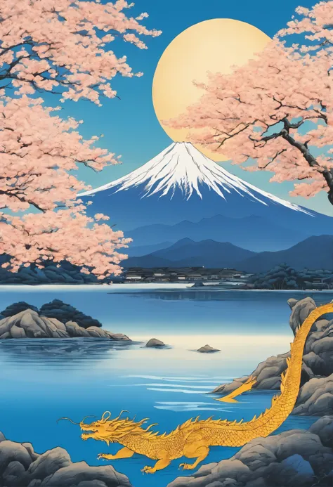 A golden one-headed dragon painted by Katsushika Hokusai swims in the blue sky.。one big sun on one mountain.Fuji。cherry blossoms falling。flat water surface。