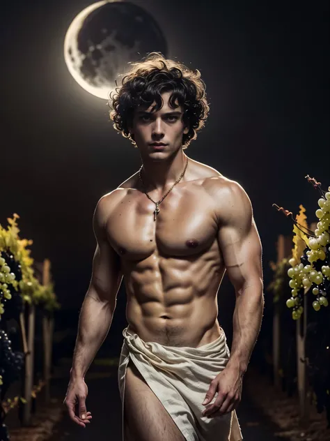 ((masterpiece)),((best quality)),8k, high detailed, ultra-detailed, Stylish Pose, real skin texture, dark lighting, 25 year-old Italian male model, barechested, shirtless, handsome italian, cute looking, divine look, powerful light green eyes, Bacchus god,...