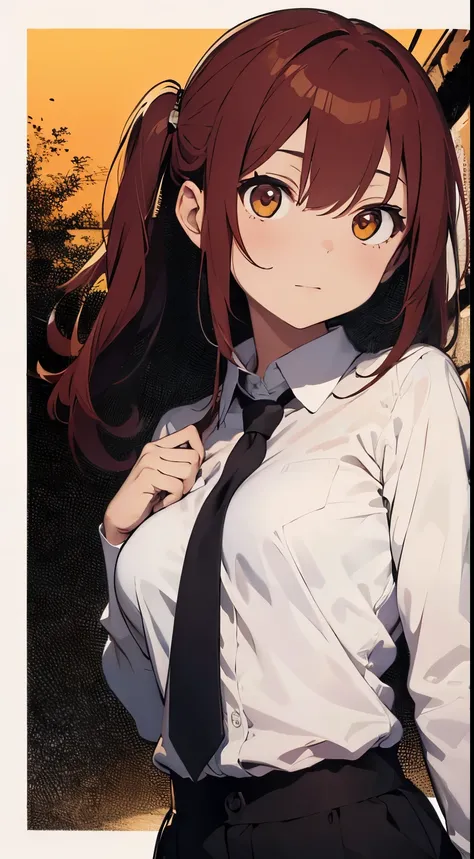 makima(chainsaw man), long sleeves, red hair, solo, looking at viewer, black pants,, yellow eyes, 1girl, white shirt, medium breasts, ringed eyes, shirt, lipackground, cleavage, black background, collared shirt, stepping on viewer