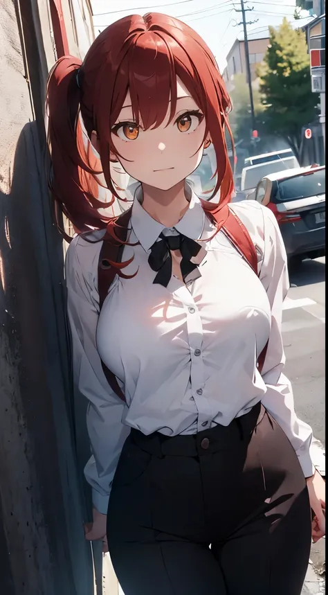 makima(chainsaw man), long sleeves, red hair, solo, looking at viewer, black pants,, yellow eyes, 1girl, white shirt, medium breasts, ringed eyes, shirt, lipackground, cleavage, black background, collared shirt, stepping on viewer