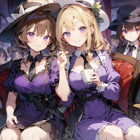 the two girls in dress are sitting on a chair in a circle with each other, multiple girls, 2girls, maribel hearn, hat, blonde hair, usami renko, mob cap, brown hair, purple eyes, dress, necktie, purple dress, smile,tea,tea room