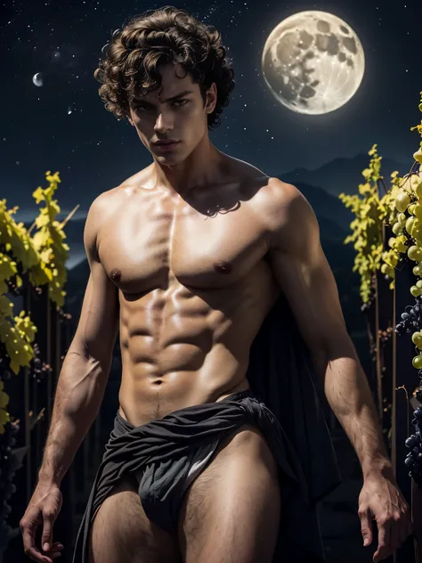 ((masterpiece)),((best quality)),8k, high detailed, ultra-detailed, Stylish Pose, real skin texture, dark lighting, 25 year-old Italian male model, barechested, shirtless, handsome italian, cute looking, divine look, powerful light green eyes, Bacchus god,...