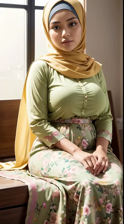 ( Close Up),RAW, Best quality, high resolution, masterpiece: 1.3), beautiful Malay woman in hijab,Masterpiece, perfect fit body, (big breast), big gorgeous eyes, Soft smile,thick thighs, beutifull face, sitting, woman not wear shirt, naked, and yellow shir...