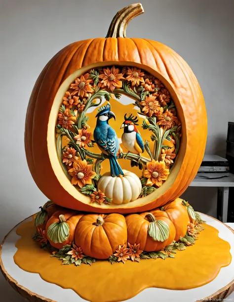 (carving flowers and birds inside a large semolidified pumpkin: 1.1), very fine details, 16k, console, fruit carving, food engra...