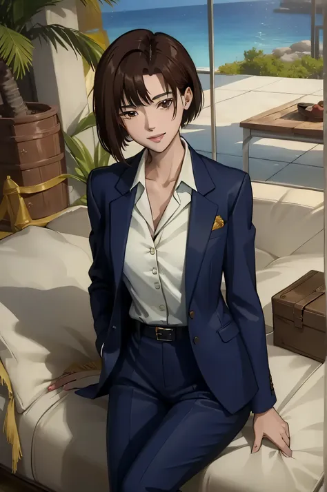 (masterpiece:1.4), (best quality:1.2), detailed face, risa aoyagi, 1 girl, formal, pant suit, shirt, jacket, short hair, brown e...