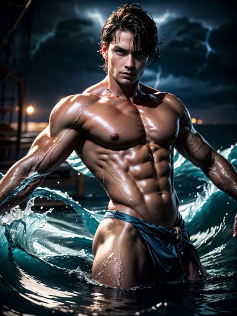 ((masterpiece)),((best quality)),8k, high detailed, ultra-detailed, Stylish Pose, real skin texture, dark cinematic lighting, 18-year-old italian male model, handsome, cute looking, divine look, powerful light blue eyes, Poseidon god, god of the seas, Nept...