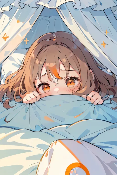 (Fluffy and sparkling bedroom like a princess),(bed with canopy:1.4),(sleeping with a blanket over:1.4),(A fluffy and warm blanket:1.3),blush,Chibi,cute,girl,(Watery eye:1.3),(cold mask:1.3),(troubled face:1.3),(close up of face:1.15),(Fluffy light brown h...