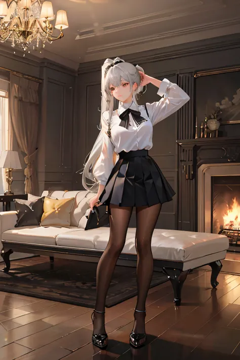 1 girl! Ray tracing, best shade, high resolution (dim lights) Detailed background (living room) Fluffy silver hair, plump and slim girl, high ponytail avoiding golden eyes in the ominous living room (Girl in white shirt, black pleated skirt, With black tra...