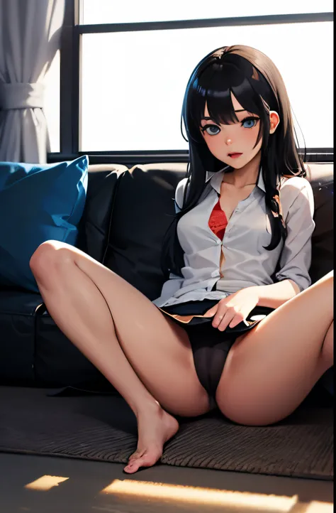 1 adult female, long black hair, Golden Light Eyes, Sit on the floor, teacher, anime, sex, spread your legs, barefoot, shaved pussy, Uterine mouth, clitoris, Take off half of your clothes, show panties, Panty bite