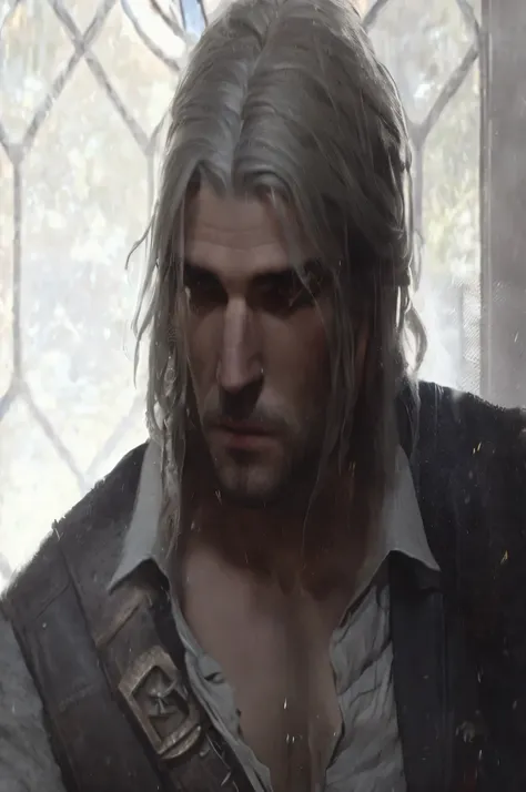 have long hair、man in a vest, portrait of geralt of rivia, the that wizard concept art, geralt of rivia, geralt, portrait of fin...