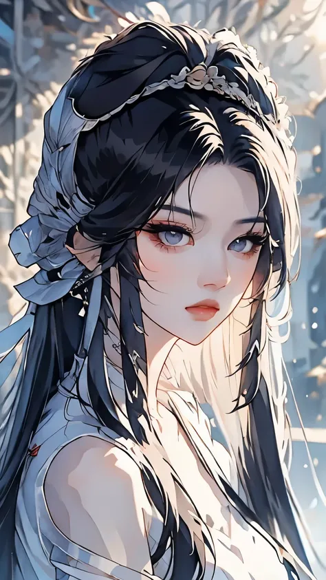 a close up of a woman long hair wearing a white top, asian girl long hair, anime girl long hair, long hair and piercing eyes, ch...