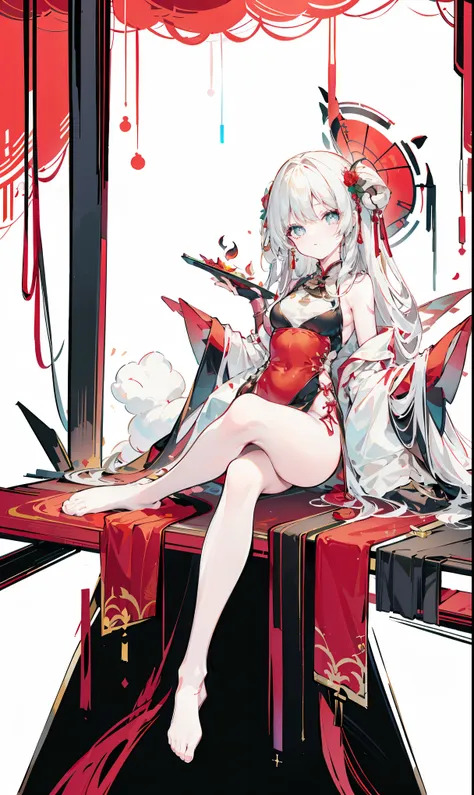 a girl，sheep&#39;bugle, full color,  long white hair, red眼睛 ，eyeliner,  black transparent clothes, red, open air, rose, night, r...