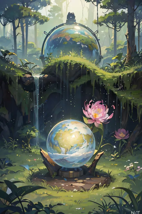 (((masterpiece))) (((best quality))) glass orbs, close-up of a planet with a bunch of trees on it, overgrown planet, green planet, fractal world, fantasy overgrown world, fantasy planet, Dyson Sphere, pink planet, 3D rendering beep, planetary landscape, ro...