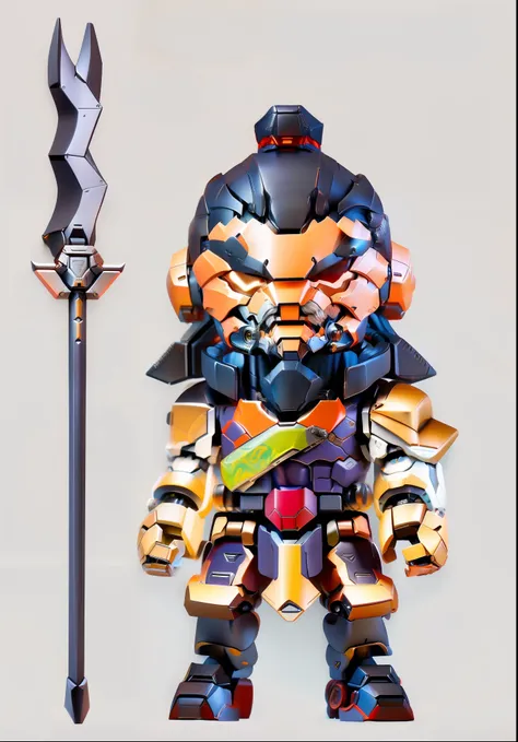 Mecha building block figure blind box，Ancient figures of the Three Kingdoms，Zhang Fei，Purple Warframe，Serpentine Spear Weapon，thick mustache，rugged middle-aged man，Stand pose，Pose，Hand model，Lots of details，HD pictures