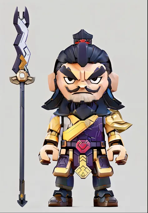 Mecha building block figure blind box，Ancient figures of the Three Kingdoms，Zhang Fei，Purple Warframe，Serpentine Spear Weapon，thick mustache，rugged middle-aged man，Stand pose，Pose，Hand model，Lots of details，HD pictures