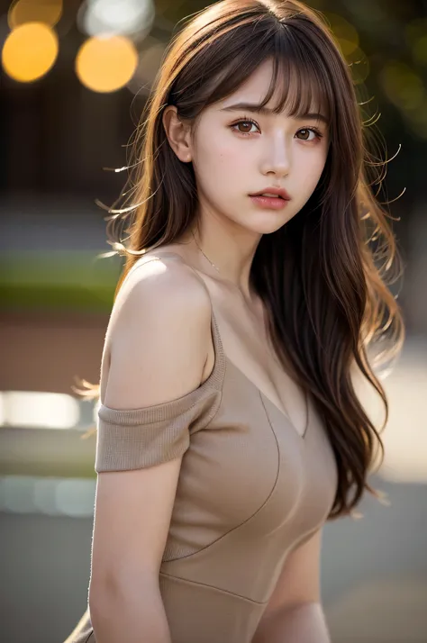 (best quality), (ultra-detailed), (llustration), (detailed light), (an extremely delicate and beautiful), 1young girl, brown hair, brown eyes, model, bare shoulders, best quality, extremely detailed CG unified 8k wallpaper, High-definition raw color photos...