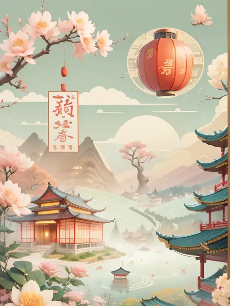 Drizzly, National trend style, Chinese style, element, Xiaoxia solar terms, 节气poster, Super details, Very clear, vertical picture, poster, pink, Traditional Chinese solar terms，No house or pavilion，