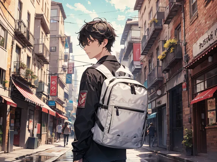 (absurdres, highres, ultra detailed), masterpiece, 1boy, solo. handsome. short hair, black hair, finely eye, detailed face, shirt. walking on street, backpack, from below