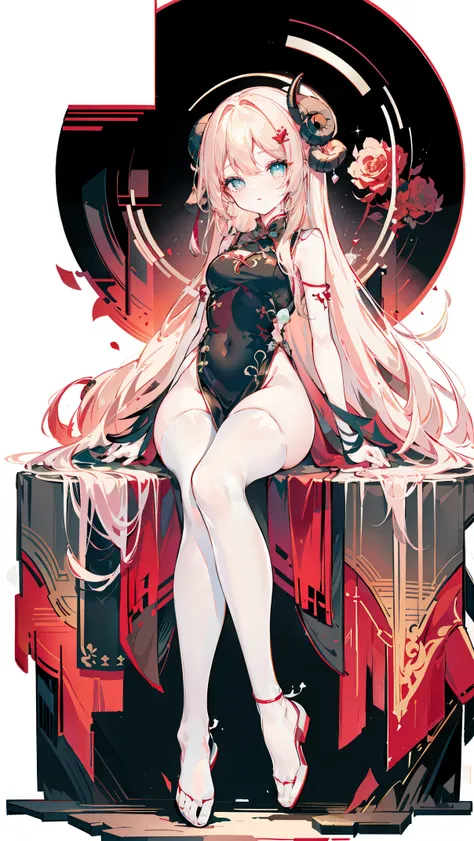 a girl，sheep&#39;s horn, full color,  long white hair, red眼睛 ，eyeliner,  black transparent clothes, red, open air, rose, night, ...