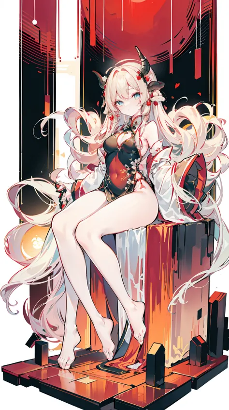 a girl，Sheep&#39;s horn, full color,  long white hair, Red眼睛 ，Eyeliner,  black transparent clothes, Red, open air, Rose, night, ruins, Butterfly，mine same as the original, mine, , (:1.2)
rest, (cheongsam), (view from below), (Put your arms behind your back...