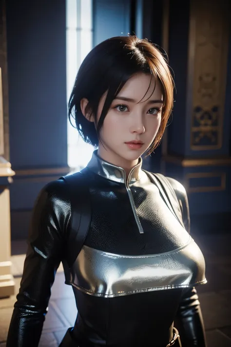 Game art，The best picture quality，Highest resolution，8K，((A bust photograph))，((Portrait))，(Rule of thirds)，Unreal Engine 5 rendering works， (The Girl of the Future)，(Female Warrior)，22岁少女，(Short hair of random color)，(A beautiful eye full of detail)，(Big ...