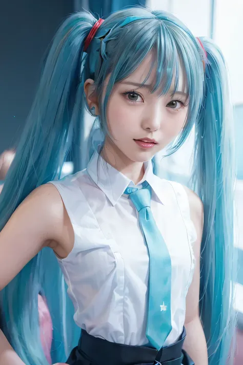 {the theme is hatsune miku}、(white sleeveless long shirt:1.3)、turquoise tie、 (red hairpin、twin tails、crazy turquoise long hair:1...