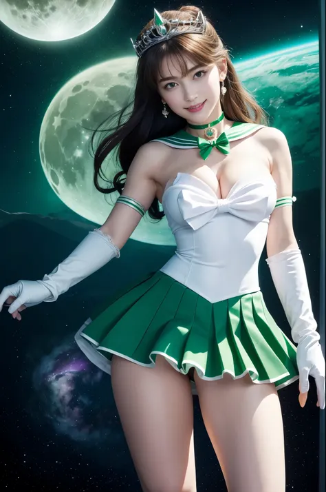 masterpiece、highest quality、disorganized、perfect anatomy、SAMA1、tiara、Sailor Moon Jupiter、white gloves、Green sailor color、green skirt、star choker、elbow bag、pleated skirt、barefoot、Purple bow、space、moon、cowboy shot、smile、Flaming Bow、