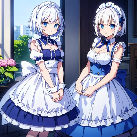 Short hair,white hair,blue eyes,maid dress