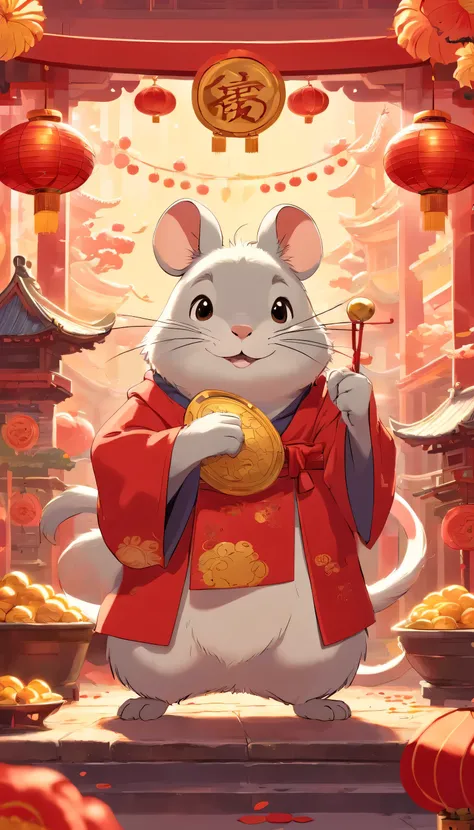 CNY，Rat，Red，Pixar, Lovely, Cartoonish，Business posters，There are decorations around，happiness, Speechless