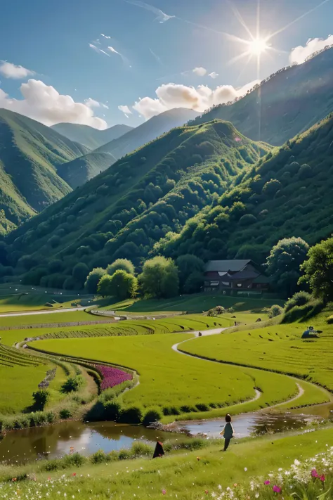 distance的群山在蓝天的映衬下苍翠欲滴，Mountain peaks caressed by clouds and mist in the distance，Outline a dreamlike wonderland。The sun rises quietly，Orange-red sunlight shines on the mountains, river and land，The whole picture  filled with a peaceful and harmonious atmo...