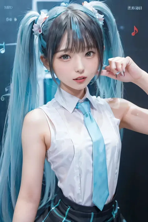 {the theme is hatsune miku}、(white sleeveless long shirt:1.3)、turquoise tie、 (red hairpin、twin tails、crazy turquoise long hair:1...