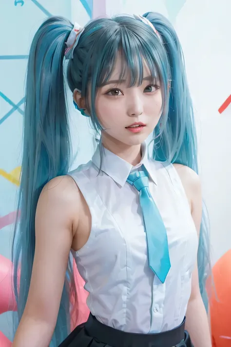 {The theme is Hatsune Miku}、(White Sleeveless Long Shirt:1.3)、turquoise tie、 (Red hairpin、twin tails、crazy turquoise long hair:1.3)、, shiny hair, expressive hair, crystal hair, gradient eyes, Artistic, conceptual art, glitter effect , shine, UHD, retina, m...