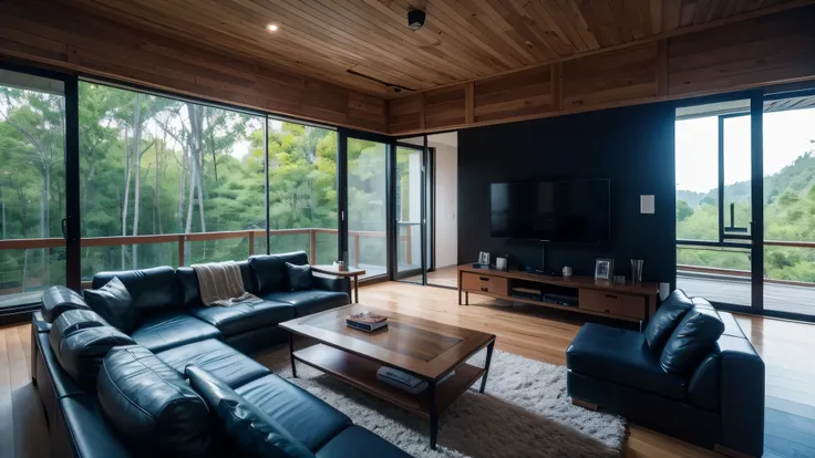 The living room has a vast view of the forest，Anime aesthetic style，32k ultra high definition，，dark brown and dark blue，industrial design