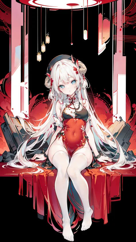 a girl，Sheep&#39;s horn, full color,  long white hair, Red眼睛 ，Eyeliner,  black transparent clothes, Red, open air, Rose, night, ruins, Butterfly，mine same as the original, mine, , (:1.2)
rest, (cheongsam), (view from below), (Put your arms behind your back...