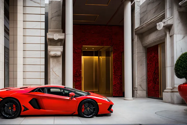 red lamborghini aventador　　precise and high quality　realistic three-dimensional feel　beautiful background　parked in front of the...