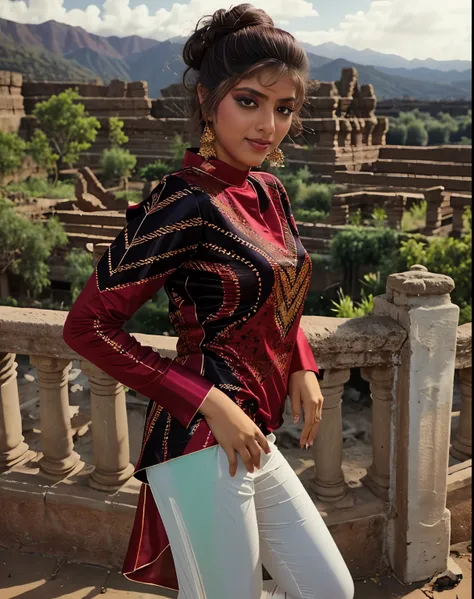 photo of a sonam woman in a dynamic pose wearing elegant high-neck kurti with leggings looking at camera, film grain, perfect ey...