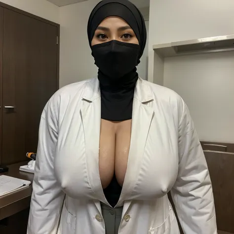 50 years Old, Sugar Mama, Hijab Indonesian mature woman, Massive Big Tits : 198.9, Lab Coat, Breast about To burst out from her clothes, at doctor office, Dark light, at Nighttime.