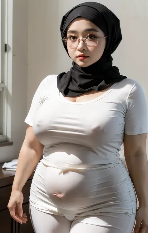 pregnant woman in white shirt and black scarf posing for picture, wearing tight shirt, tight shirt, thick neck, thicc, touching her clothes, dressed in a white t shirt, wearing tight  clothes, smooth white surroundings, korean woman, korean girl, taken wit...