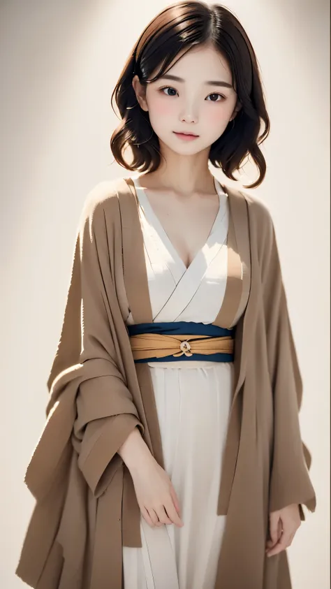 (((White world、white background)))、RAW、real stick、realistic、extremely cute woman、Perfect good looks、natural look、no makeup、plump lipeautiful black hair、Yamato Nadeshiko、Beautiful light purple kimono、Nishijin-ori kimono、Very delicate kimono pattern、Beautifu...