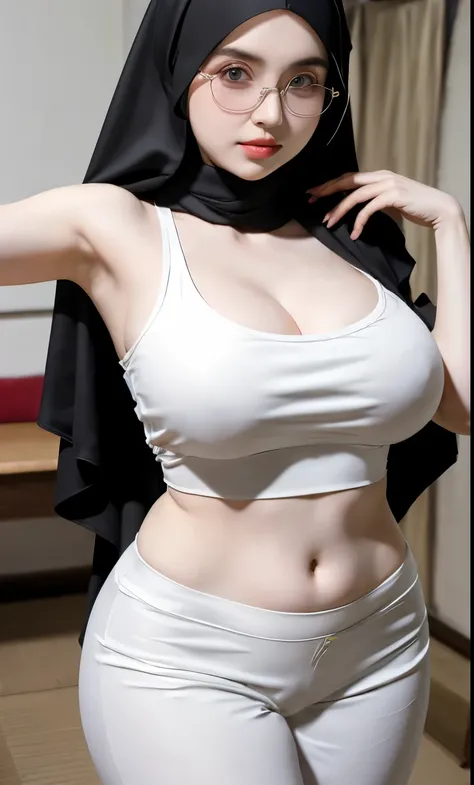 woman wearing a black scarf and glasses posing for a picture, better known as amouranth, amouranth, amouranth as a super villain, nun outfit, pale-skinned persian girl, young beautiful amouranth, thicc, japanese goddess, shiny white skin, smooth white surr...