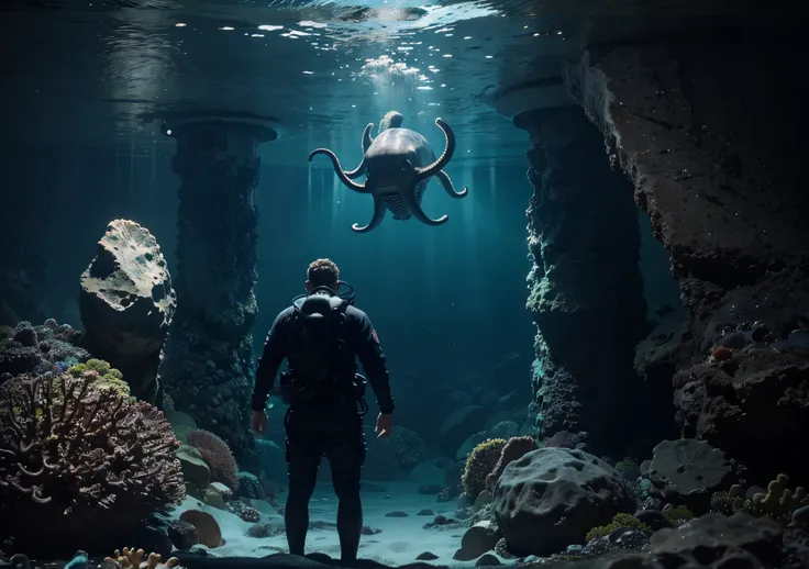 there is a man standing in deep underwater ocean with a deep dive suit, behind him is an octopus which looks like a scary monster, both are surrounded by rocks in deepwater ocean