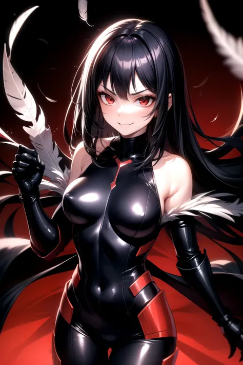  1girl, breasts, solo, black hair,red eyes,black theme,smirk,feather ,bodysuit ,shoulder armors,pale skin,shiny cloth 