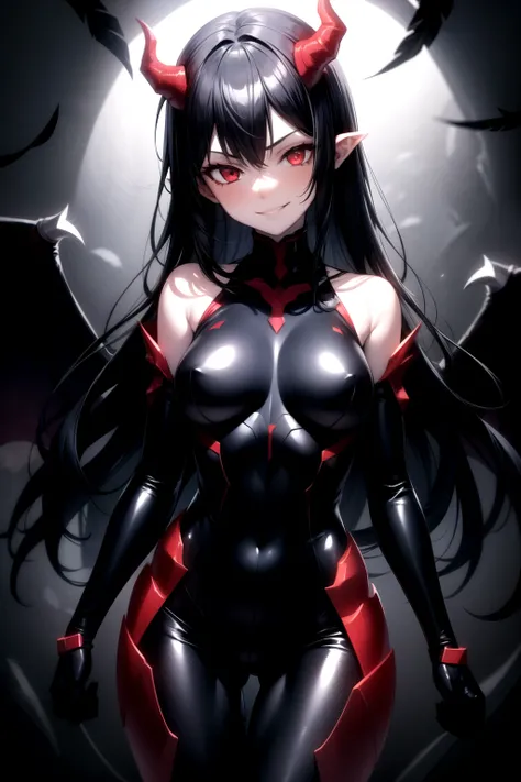  1girl, breasts, solo, black hair,red eyes,black theme,smirk,feather ,bodysuit ,shoulder armors,pale skin,shiny cloth ,demon horn