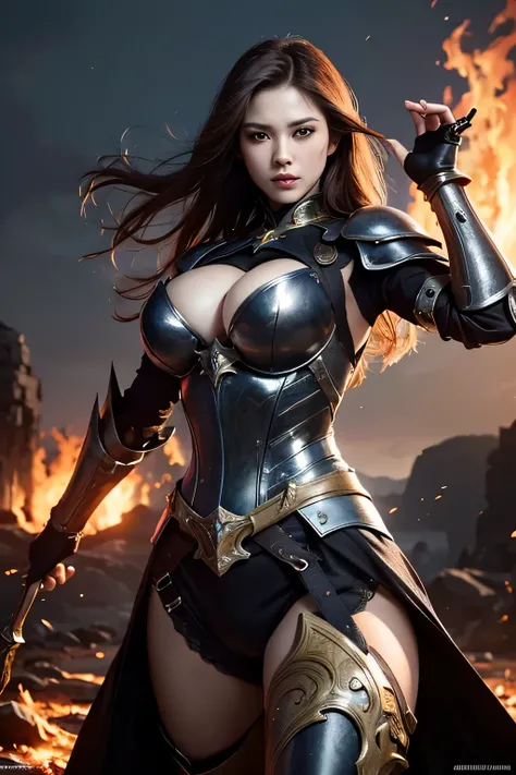 (highest quality,8K,masterpiece),
dynamic shot,Western knights,Pose with movement,dynamic pose,
perfect face,realistic skin,perfect hands,
big breasts,
black armor,Detailed details,intricate details,iron armor,
professional lighting,big flame in the backgr...