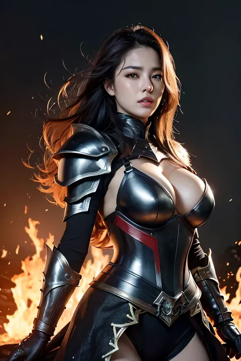 (highest quality,8K,masterpiece),
dynamic shot,Western knights,Pose with movement,dynamic pose,
perfect face,realistic skin,perfect hands,
big breasts,
black armor,Detailed details,intricate details,iron armor,
professional lighting,big flame in the backgr...