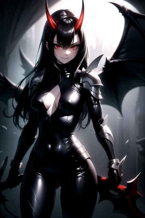  1girl, breasts, solo, black hair,red eyes,black theme,smirk,feather ,bodysuit ,shoulder armors,pale skin,shiny cloth ,demon horn,axe in hand