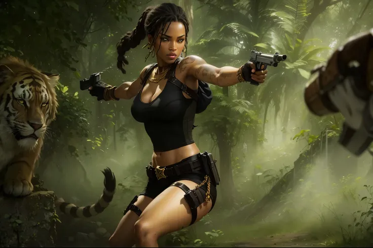 Ebony African tomb raider, gold jewelry, pistols, dreads, sexy