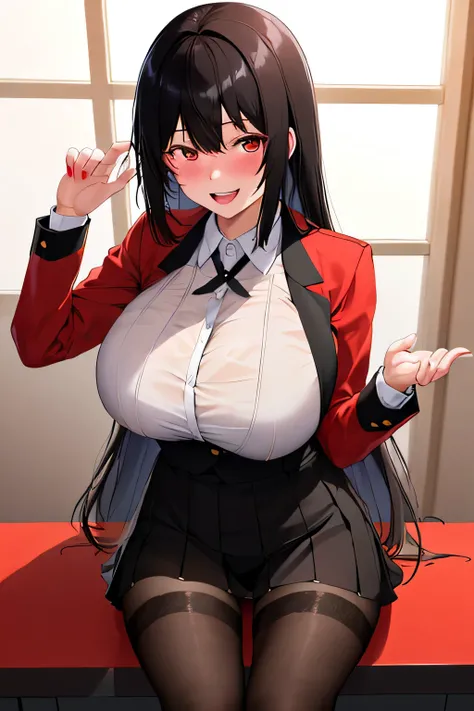 (8K, RAW photo, highest quality, masterpiece: 1.2),18 year old Japanese woman with perfect body,Please show your teeth and smile,long black hair,dull bangs, toothy smile,uniform,red jacket,black pantyhose,white shirt,(Showing lace lingerie under a white sh...