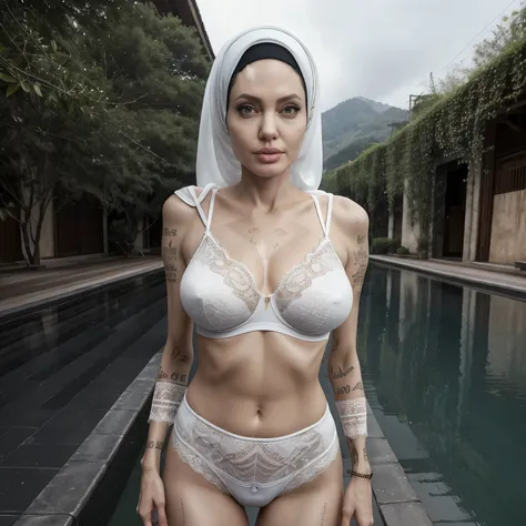 (Angelina Jolie), 51 Years old, Indonesian mature woman, wearing Hijab, white skin like porcelain, Perfect body, Full body, natural Gigantic mature breast : 98.9, gorgeous eyes, Soft smile, wear a Tight Lace Bra, Wet Lace Bra :12.8, Sweaty body : 5.9, Brea...