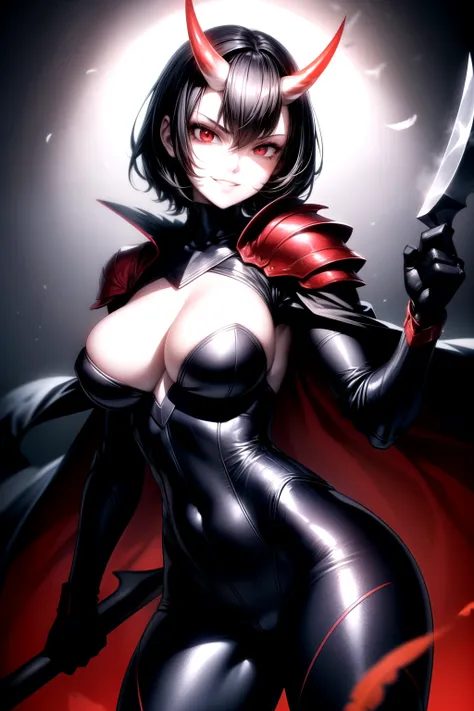  1girl,large breasts, solo,short black hair,red eyes,black theme,smirk,feather ,bodysuit ,shoulder armors,pale skin,shiny cloth ,demon horn,axe in hand,cape,fighting stance 